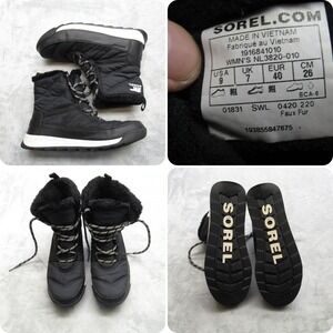 Sorel Snow Boots Womens 9 Black Waterproof Faux Fur‎ Lined Whitney II Short 200g